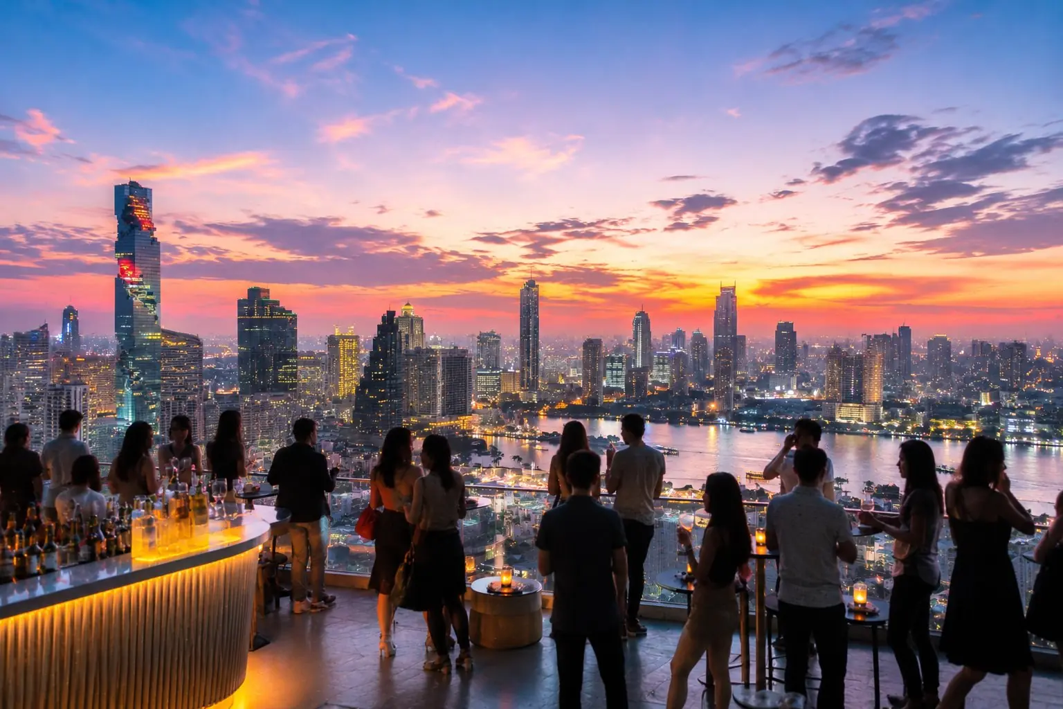 Rooftop event venue at dusk overlooking the Bangkok skyline, Thailand