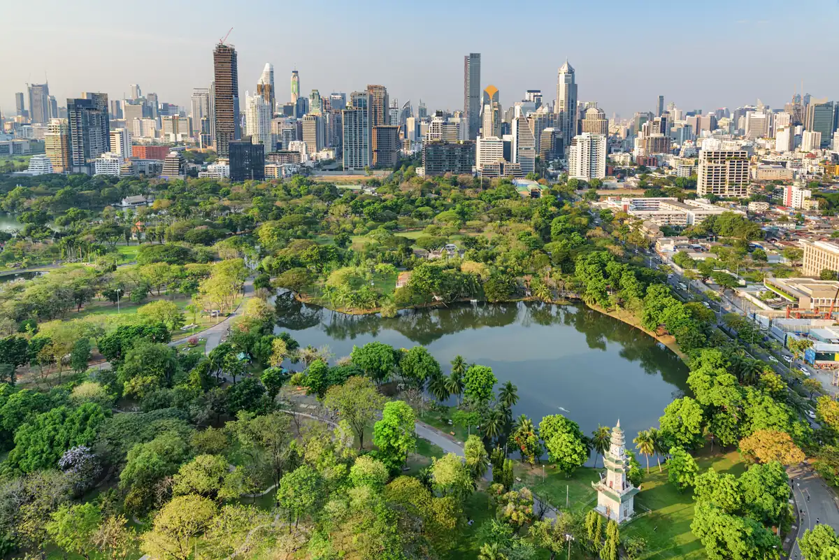 Aerial view of Lumphini Park and the city skyline in Lumphini, Bangkok, Thailand