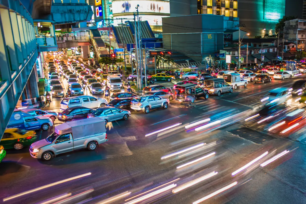 Evening traffic at Asok junction in the Sukhumvit district of Bangkok, Thailand