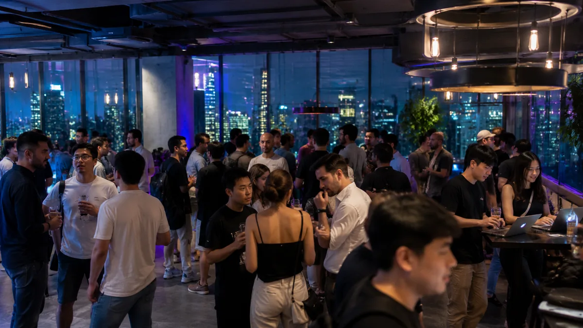 Game developers networking at Cartridge's rooftop event in Bangkok