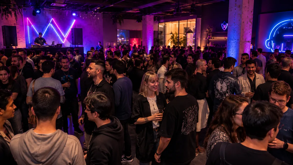 Crowd at The Multiplayer Group games studio company party in Madrid