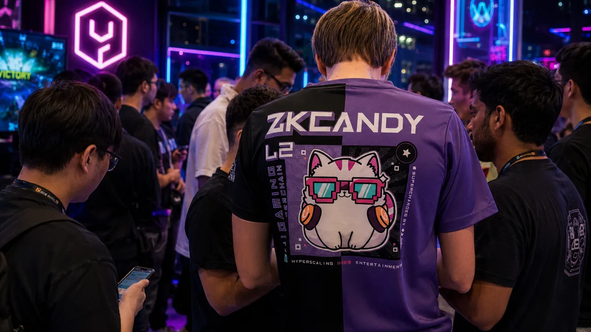 Attendee in a ZKcandy jersey at the GameFi and MemeFi gaming night, DevCon Bangkok