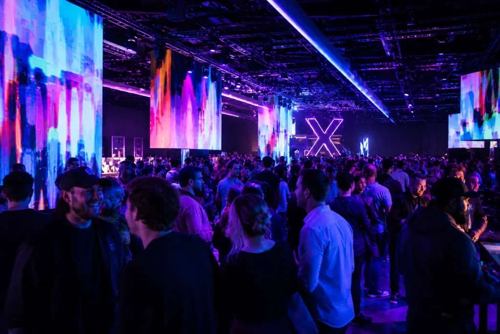 Large crowd at a crypto conference sponsor hall with LED screens and a neon logo installation in purple and blue lighting