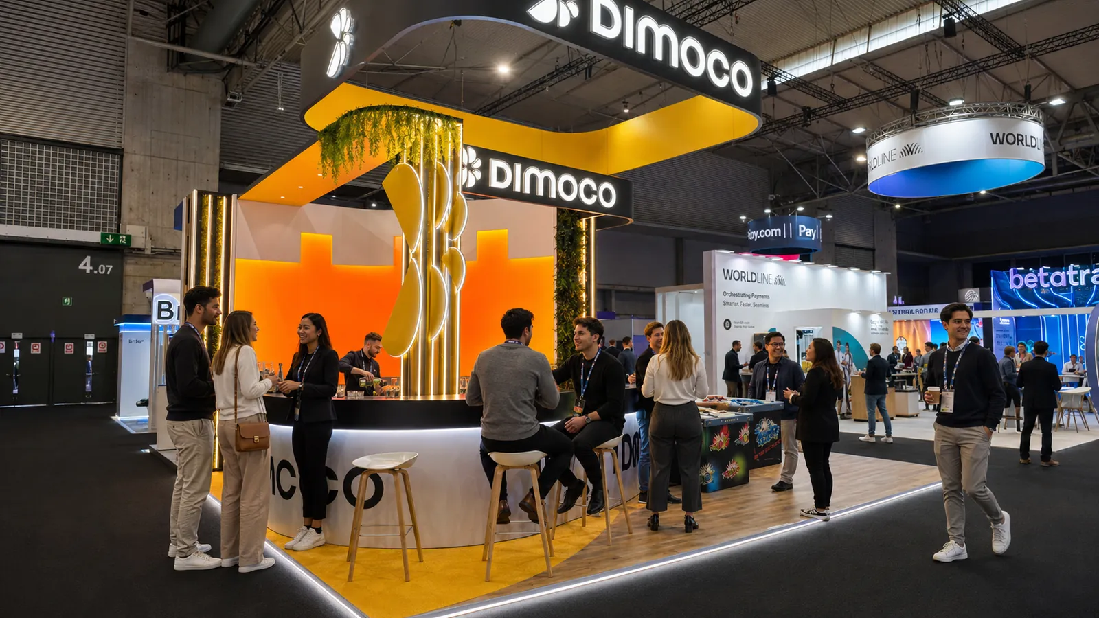 Exhibitor stand with a hosted bar on the ICE expo floor at Fira Barcelona Gran Via