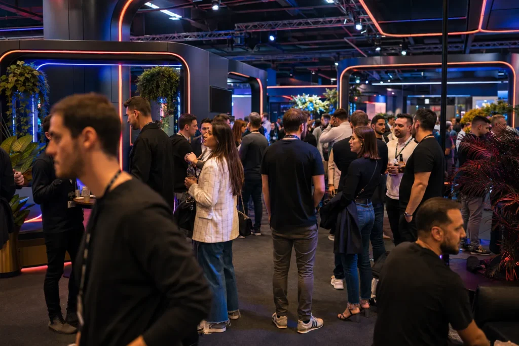 Guests networking with drinks at an after-hours side event inside a neon-lit conference venue, wearing lanyards