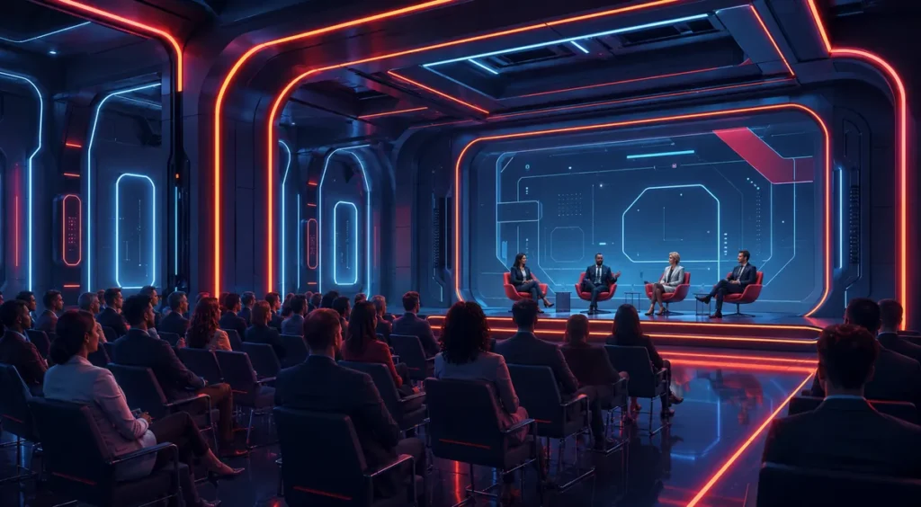 Panel discussion on a neon-lit futuristic conference stage, four speakers seated before a large digital display with a corporate audience watching