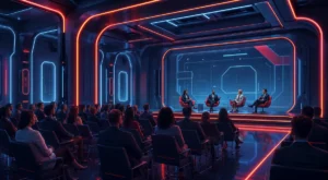 Panel discussion on a neon-lit futuristic conference stage, four speakers seated before a large digital display with a corporate audience watching