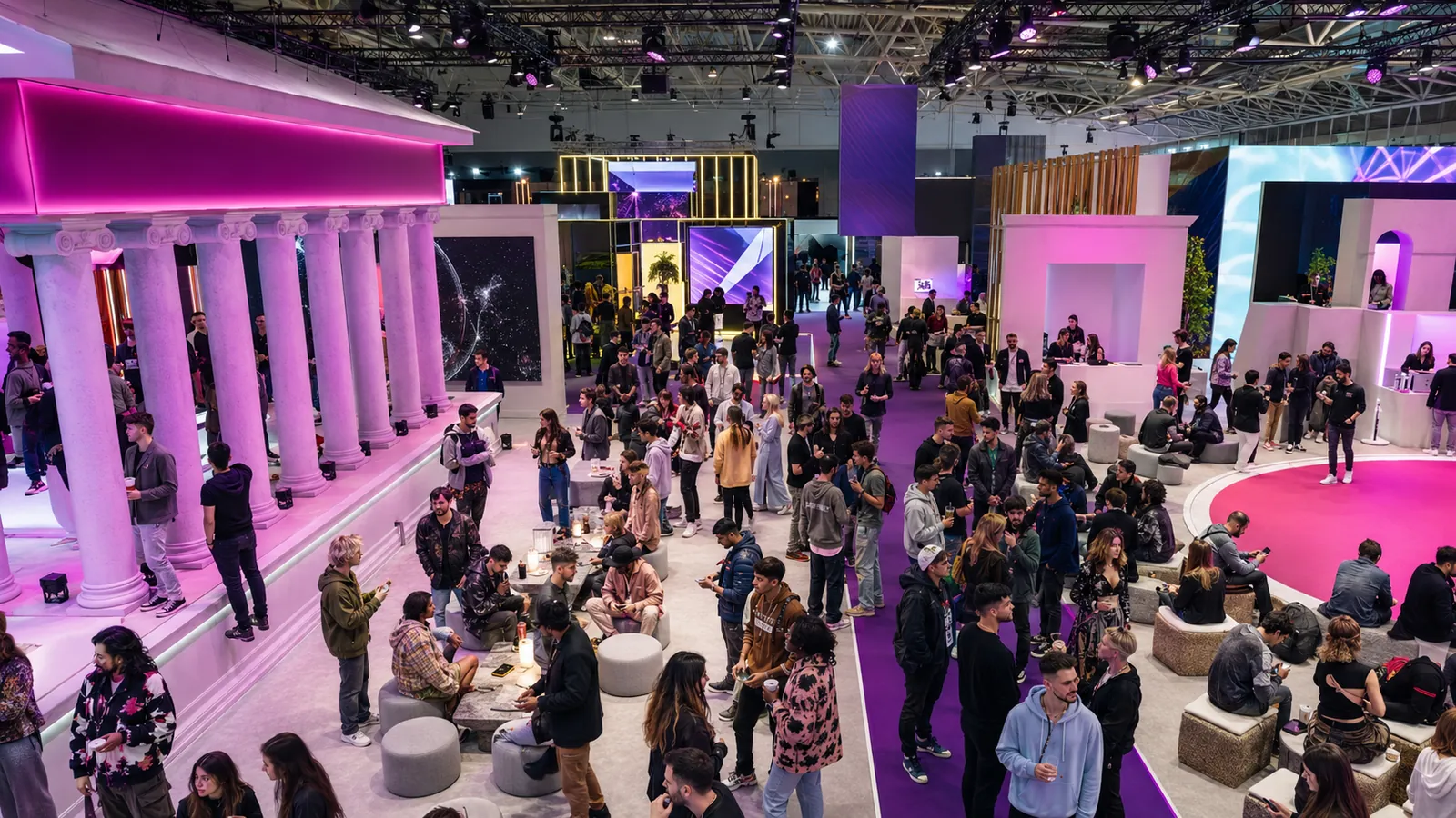 SiGMA World expo floor at Fiera Roma with delegates gathered around large exhibitor builds