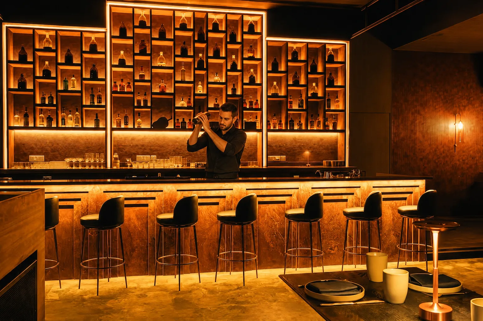 Bartender mixing cocktails at a warm amber-lit bar counter in Mumbai, India