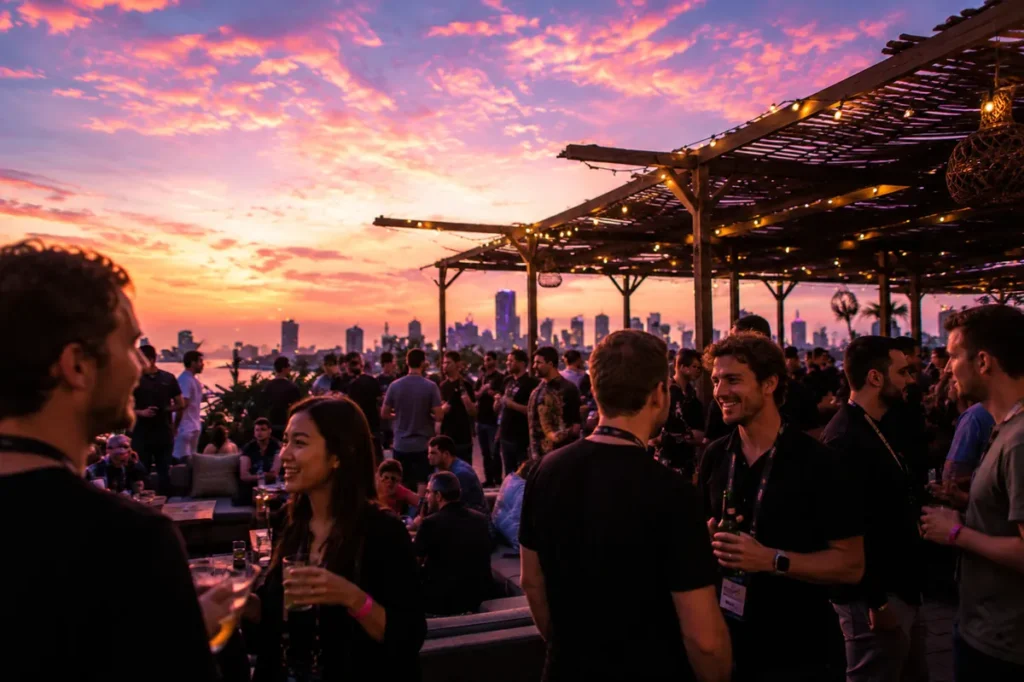 Conference attendees networking with drinks at a rooftop side event at sunset with a city skyline behind them