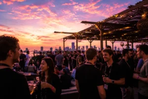 Conference attendees networking with drinks at a rooftop side event at sunset with a city skyline behind them
