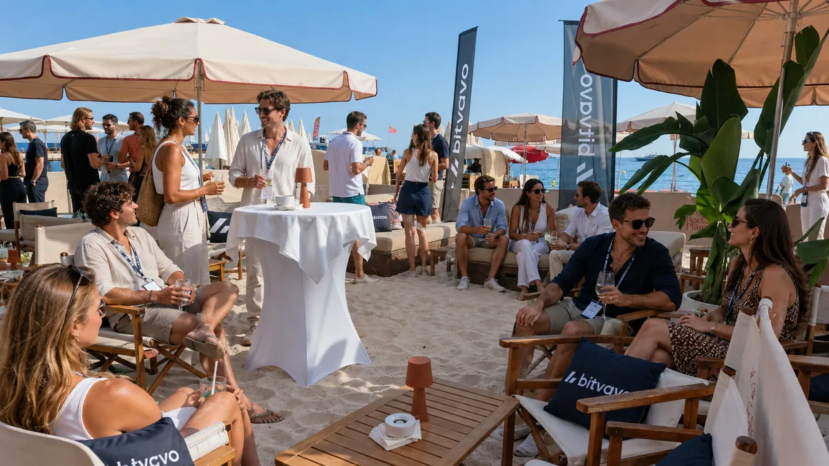 Bitvavo Sunset Soiree and MiCA celebration for 80 guests at Rado Plage in Cannes, produced by CH3 Agency