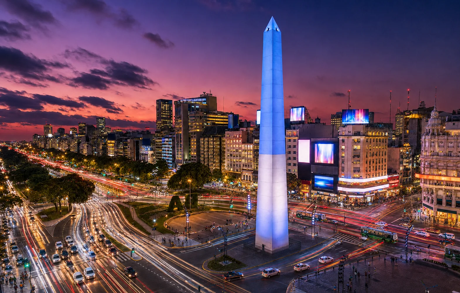 CH3 Agency event production in Buenos Aires — the Obelisco at dusk
