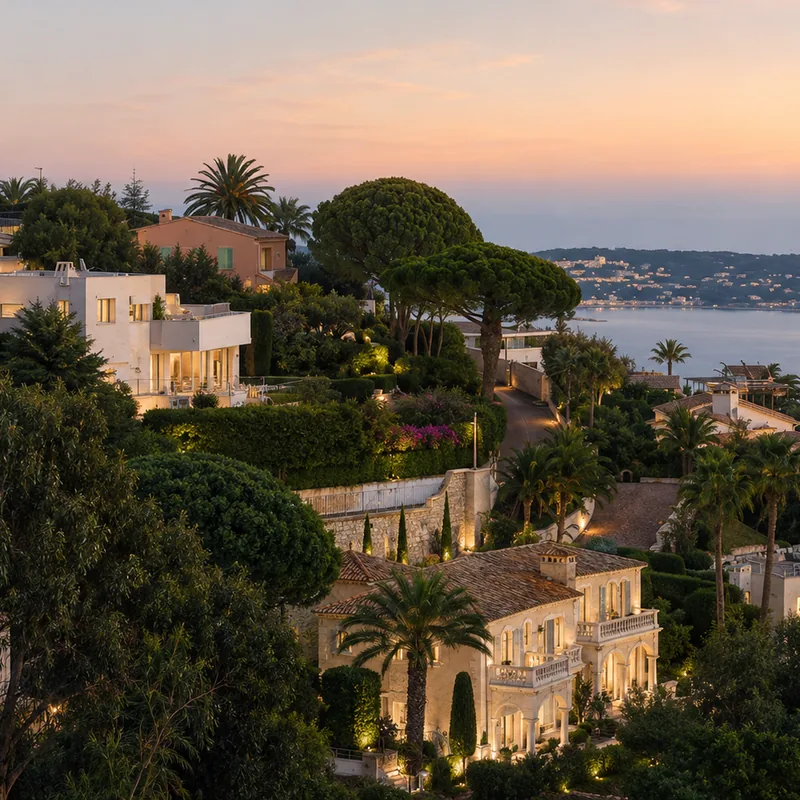 A private villa in the Californie hills above Cannes, with the bay and the Iles de Lerins beyond