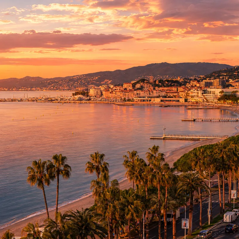 The Croisette seafront in Cannes with the Martinez and the palace hotels behind