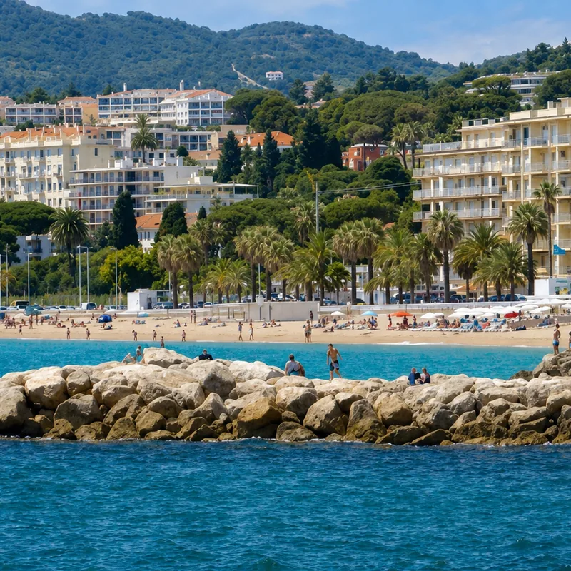 The wide public beach at La Bocca at the western end of Cannes bay
