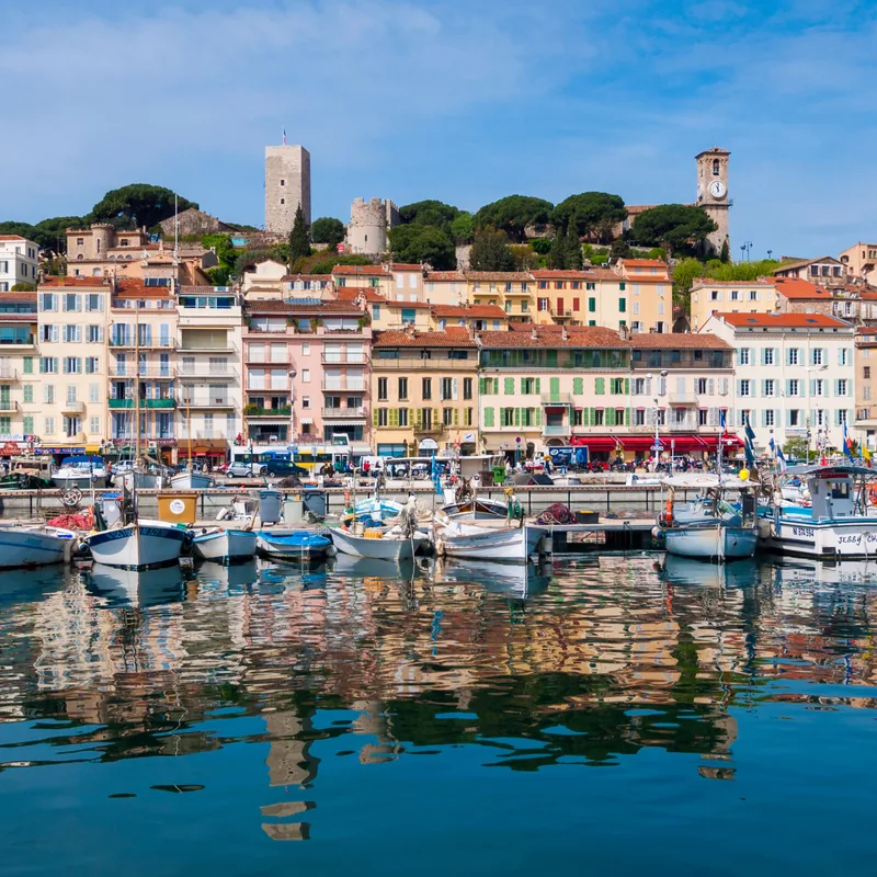 Le Suquet old town above the Vieux Port in Cannes, seen from the water