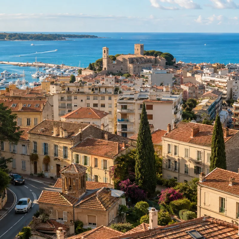 Villas on the Petit Juas hillside above Cannes at dusk, with the bay below