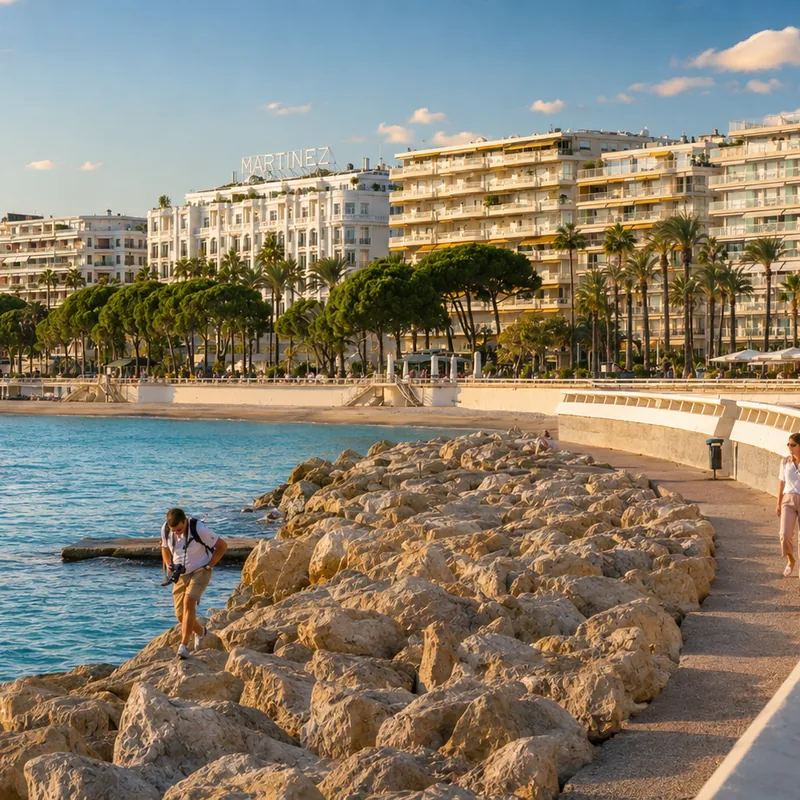 The eastern bay at Cannes at sunset, looking back along the Croisette to Le Suquet