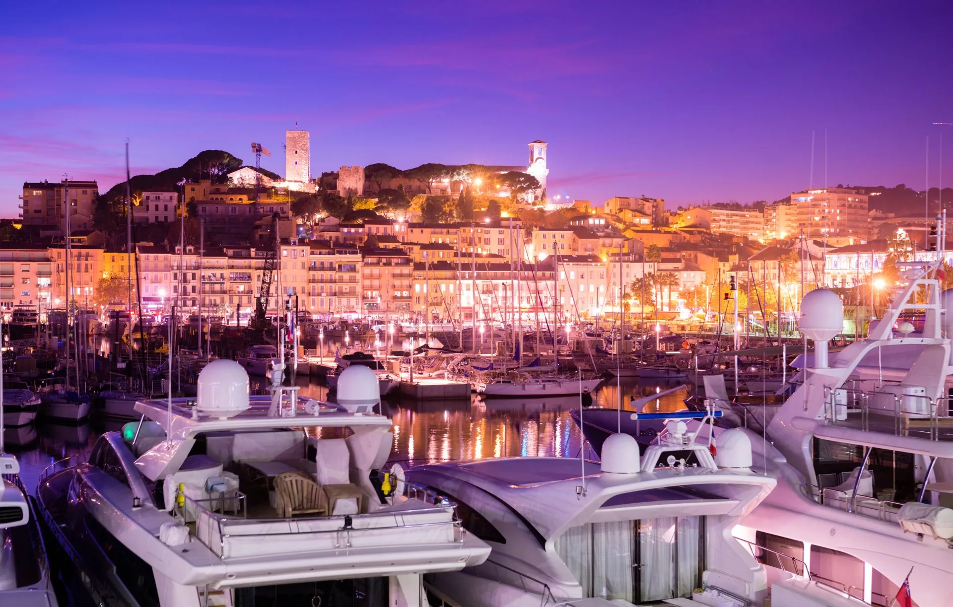 CH3 Agency event production in Cannes — the Vieux Port and Le Suquet at dusk
