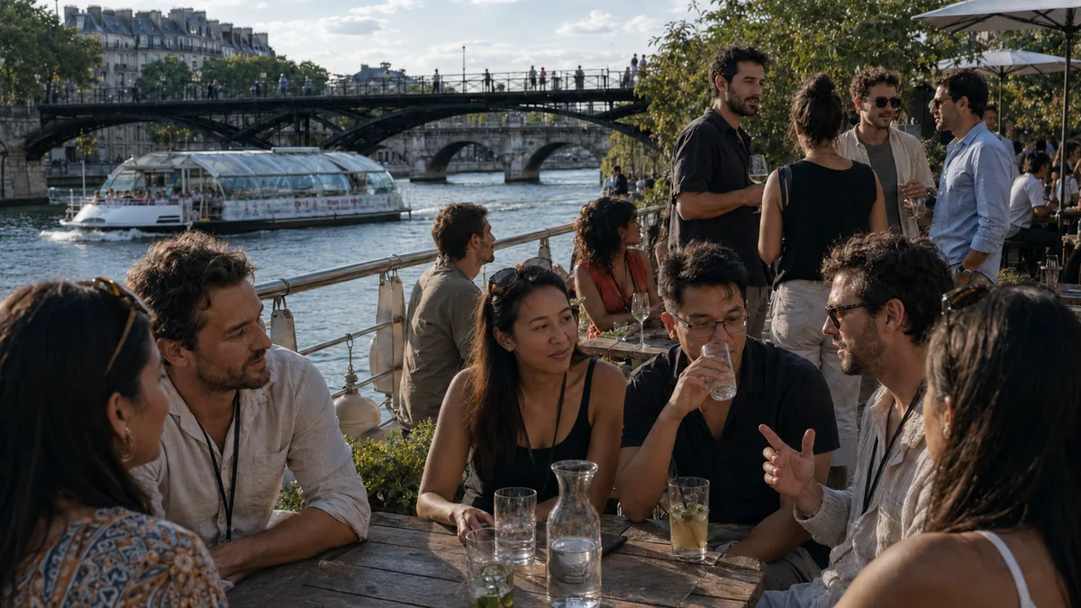 Guests on a riverside terrace beside the Seine at CertiK's Caffeinate on the Seine, produced by CH3 Agency in Paris