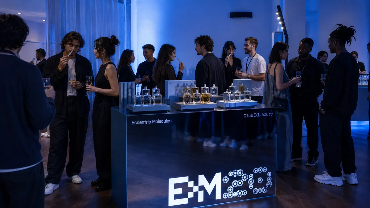 Escentric Molecules 20th anniversary celebration in Cannes, guests at a lit fragrance discovery bar