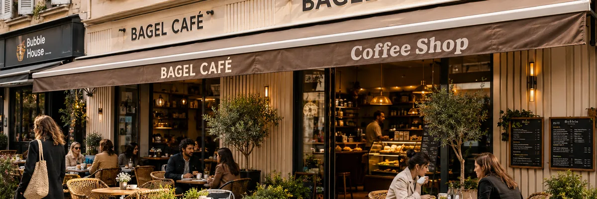 Pavement tables outside Green Bagel Cafe on Rue Hoche, Cannes