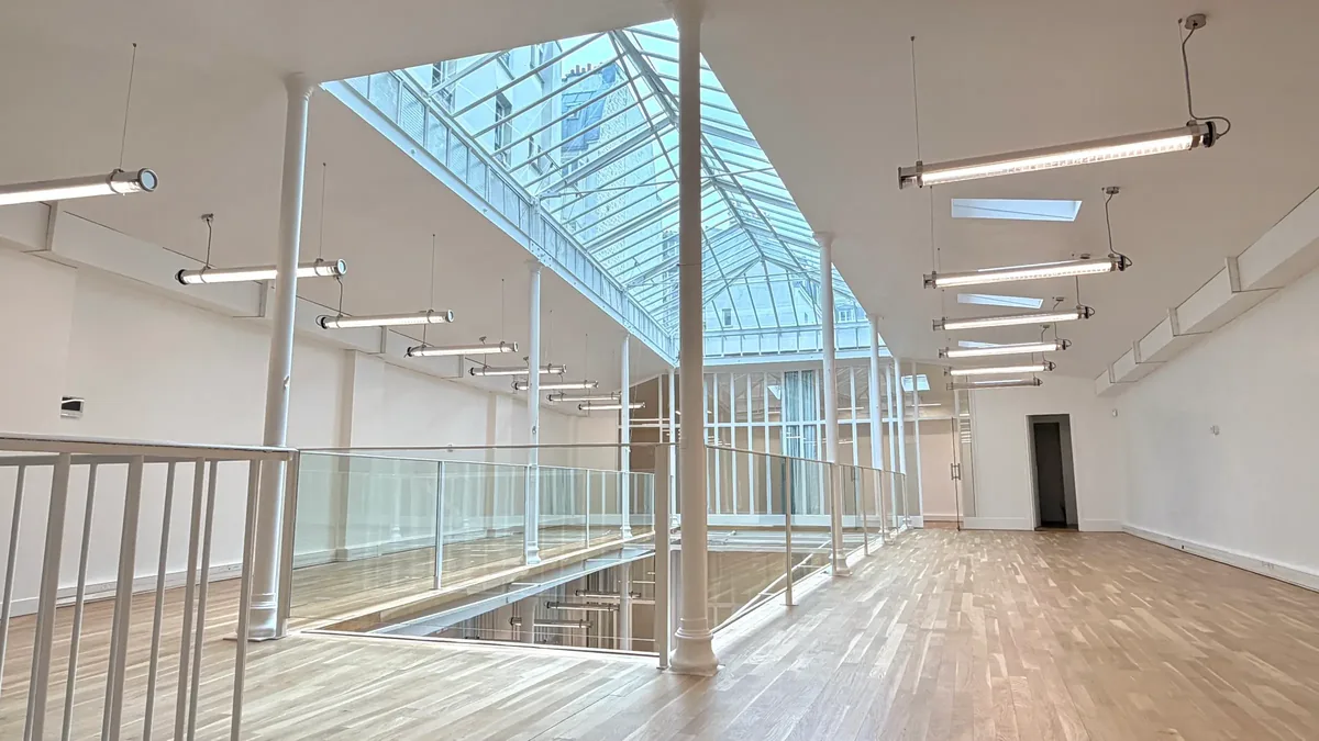 A white loft under a pitched glass roof, Paris 11th