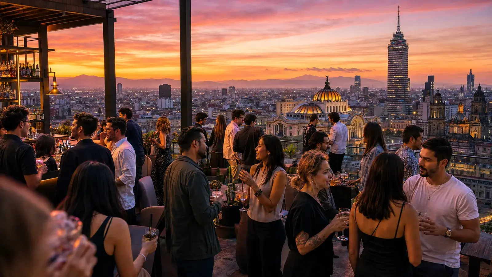 Rooftop terrace reception at sunset over the Mexico City skyline, with the Palacio de Bellas Artes and the Torre Latinoamericana behind