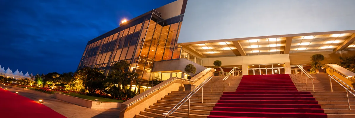 The red carpet steps of the Palais des Festivals in Cannes at night