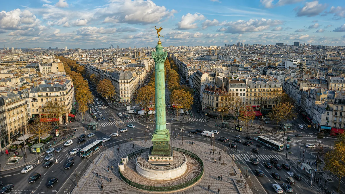The Place de la Bastille and the July Column from above, Paris 11th