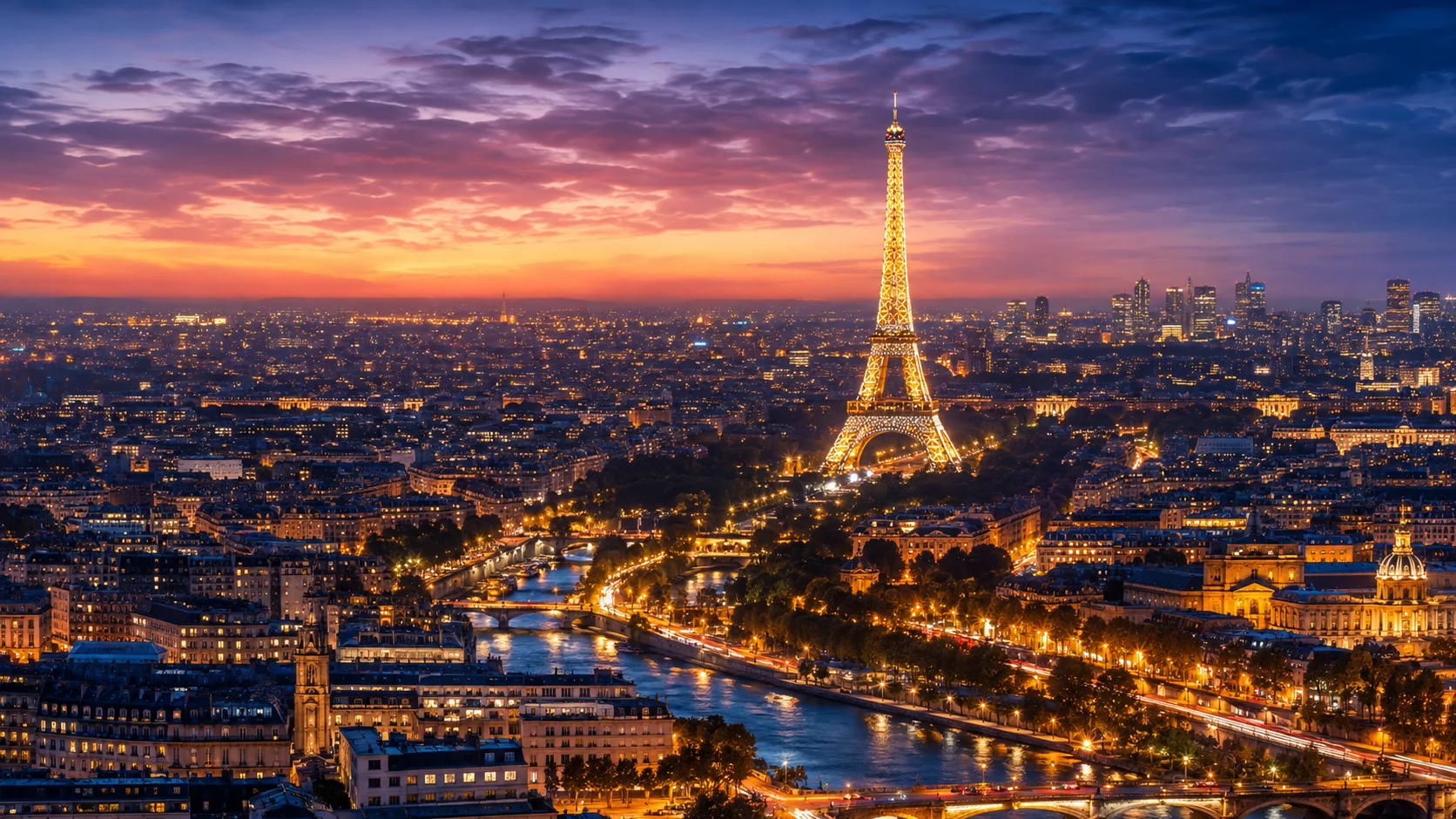 The Eiffel Tower and the Seine at dusk, CH3 Agency Paris