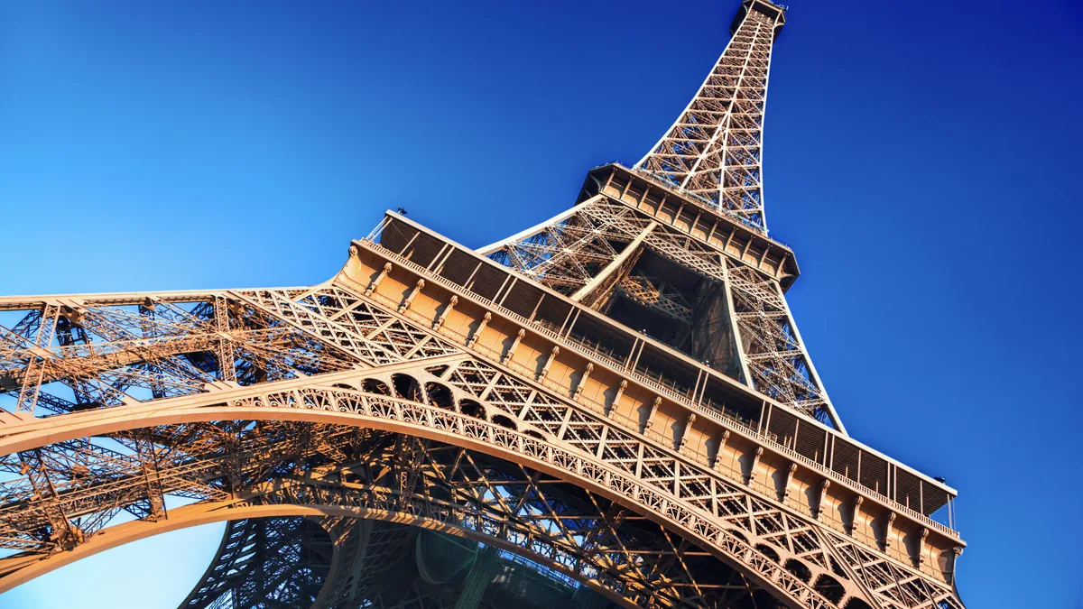 The Eiffel Tower seen from beneath its arch, Paris