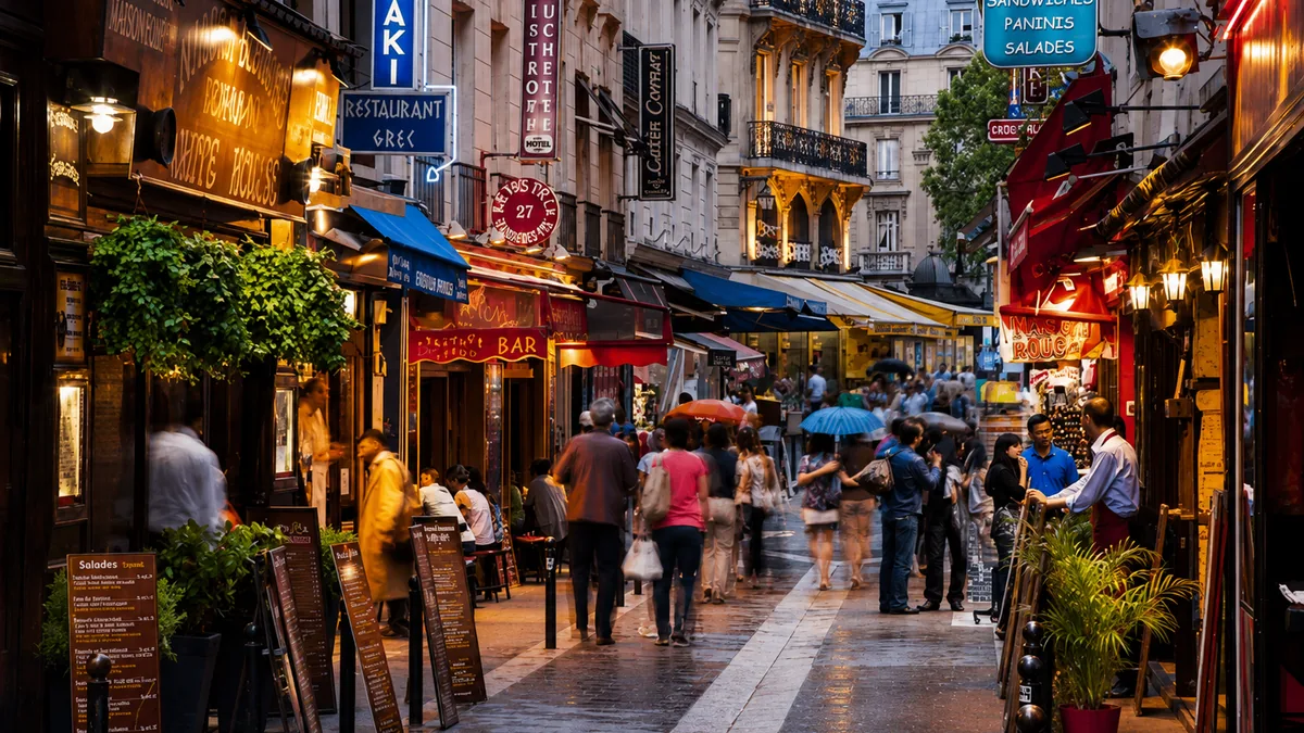 A narrow street of bistros and cafés in the Latin Quarter, Paris