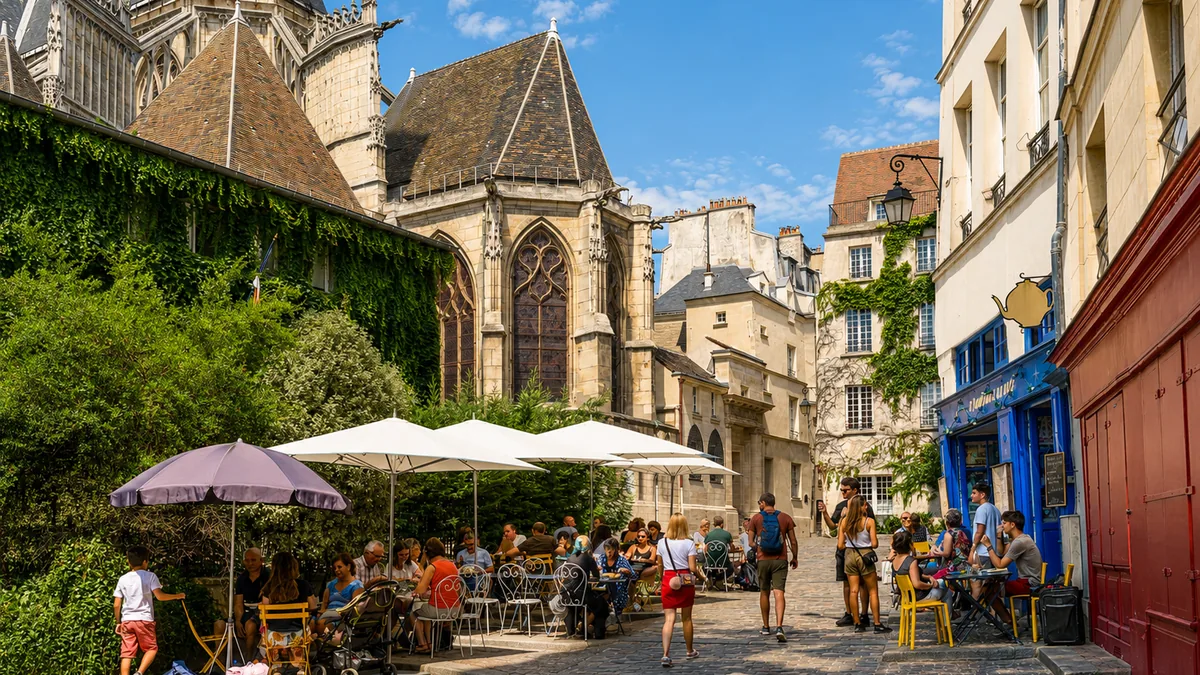Café terraces on a cobbled square in Le Marais, Paris