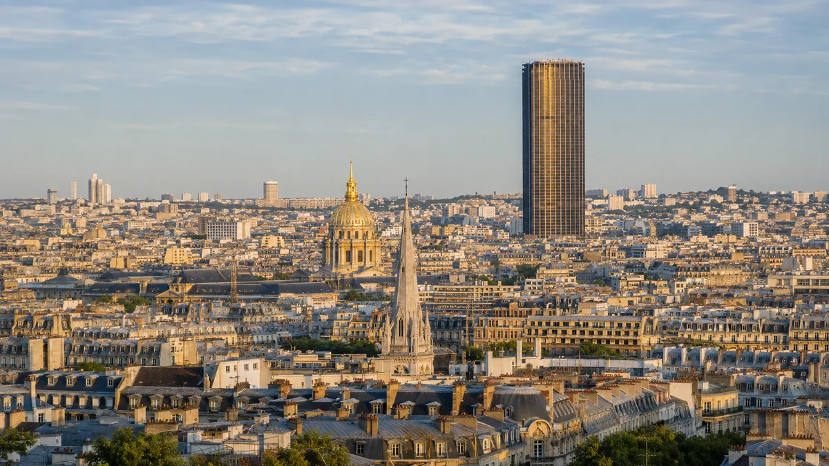 The Tour Montparnasse above the Paris rooftops with the dome of Les Invalides