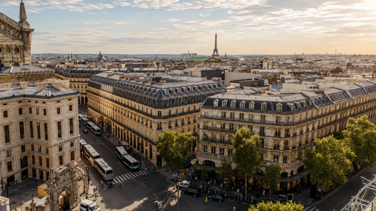 Haussmann rooftops around the Opéra with the Eiffel Tower on the skyline