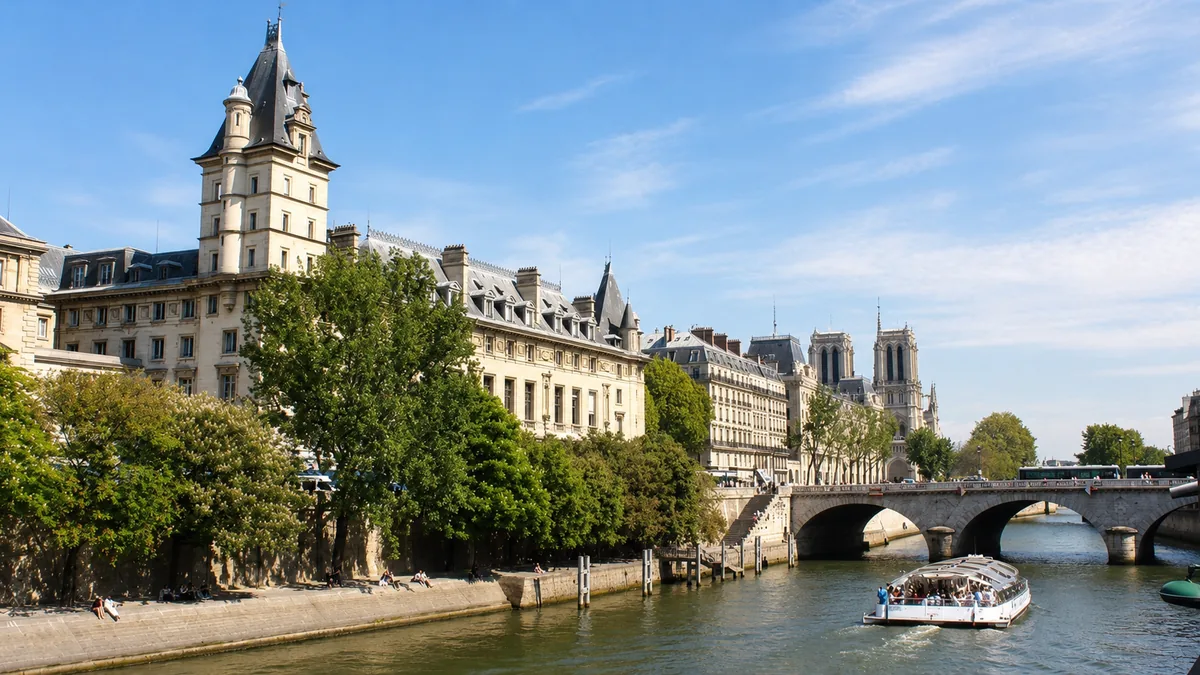 The quais of the Seine with a river boat and Notre-Dame beyond, Paris