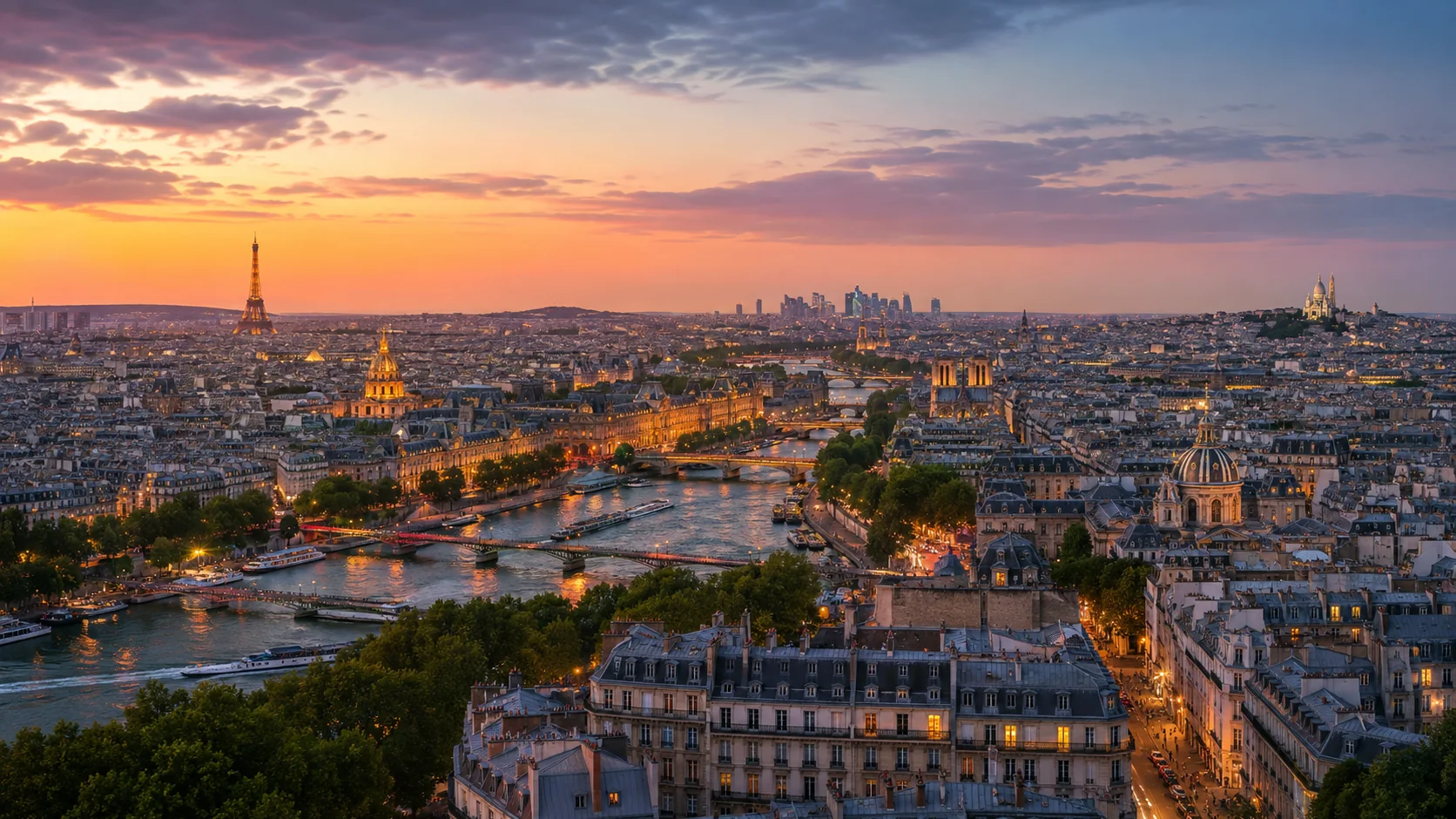 Paris at sunset from above, with the Seine, the Eiffel Tower and Sacr&eacute;-C&oelig;ur