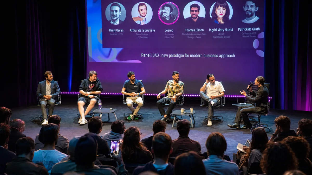 Panel on stage at Polkadot's ParisDOT.Comm conference produced by CH3 Agency in Paris
