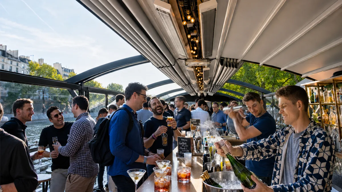 Guests at the bar of a glass-roofed Seine boat during the Pyth Network DeFi Soir&eacute;e produced by CH3 Agency