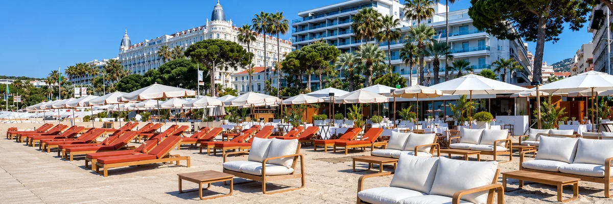 Loungers and beach club terrace at Rado Plage on the Cannes Croisette