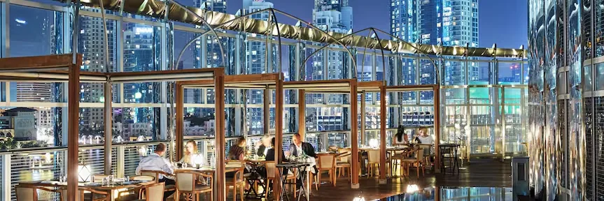 Terrace dining at night at Armani Hotel, Burj Khalifa, Downtown Dubai, United Arab Emirates