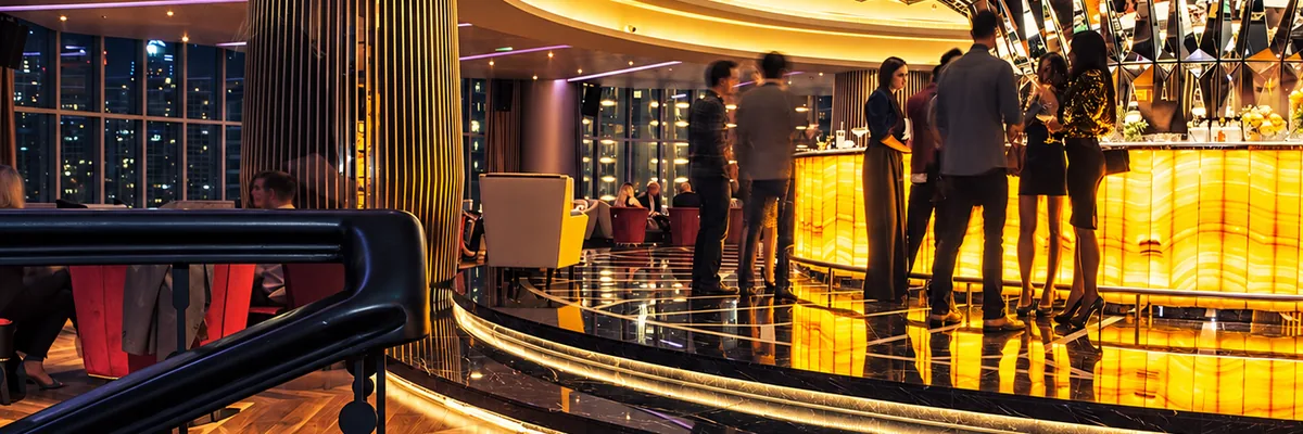 Faceted mirrored bar at Atelier M, Pier 7, Dubai Marina, United Arab Emirates