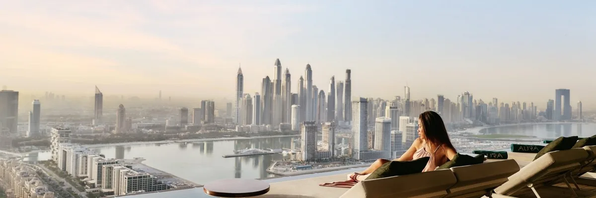 Infinity pool deck at AURA Skypool overlooking Dubai Marina, Palm Jumeirah, Dubai, United Arab Emirates