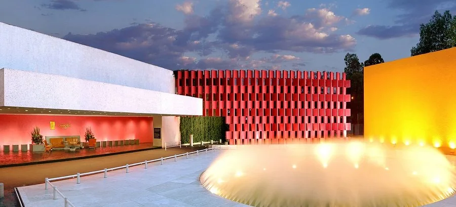 The red lattice facade and Legorreta architecture of Camino Real Polanco, Mexico City