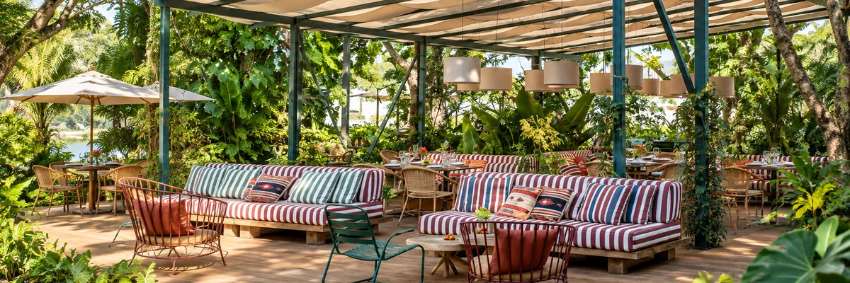 Garden lounge terrace at Casa Camolese, Jardim Botânico, Rio de Janeiro, Brazil