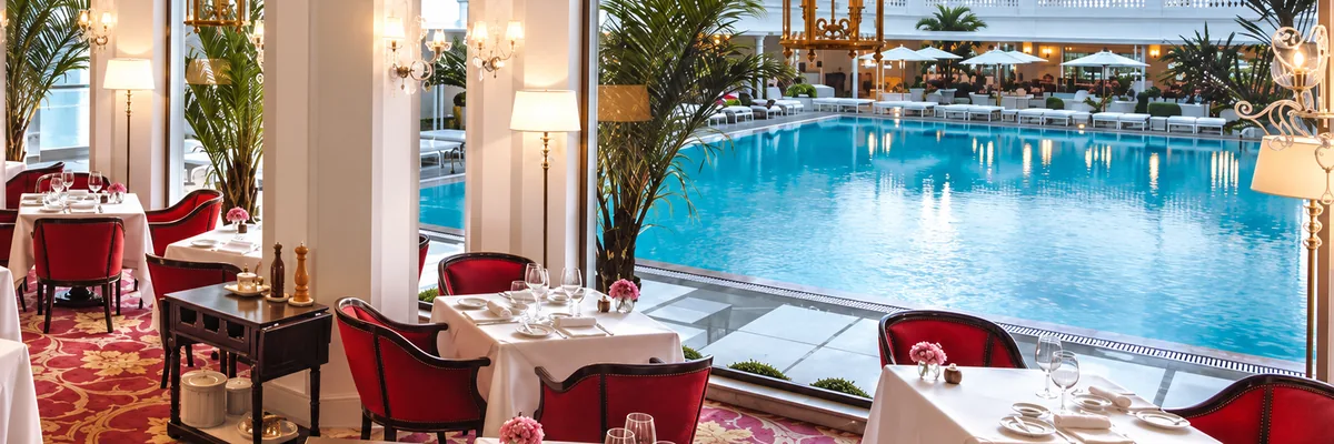 Dining room overlooking the pool at Cipriani, Copacabana Palace, Rio de Janeiro, Brazil
