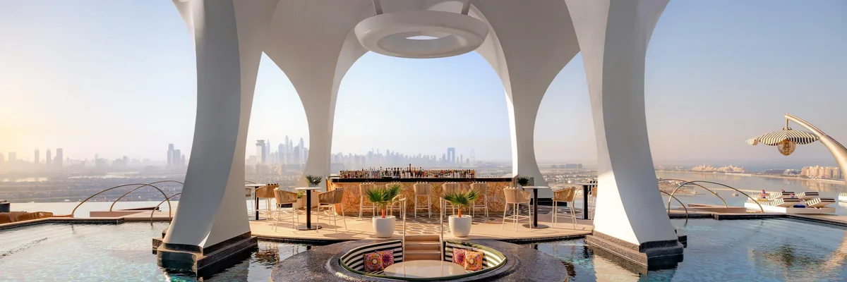 Sky pool bar under sculpted white canopies at Cloud 22, Atlantis The Royal, Dubai, United Arab Emirates