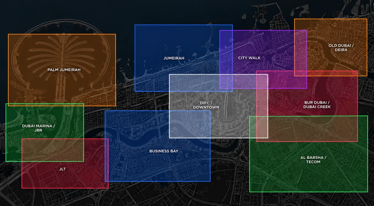 Map of Dubai event districts, United Arab Emirates